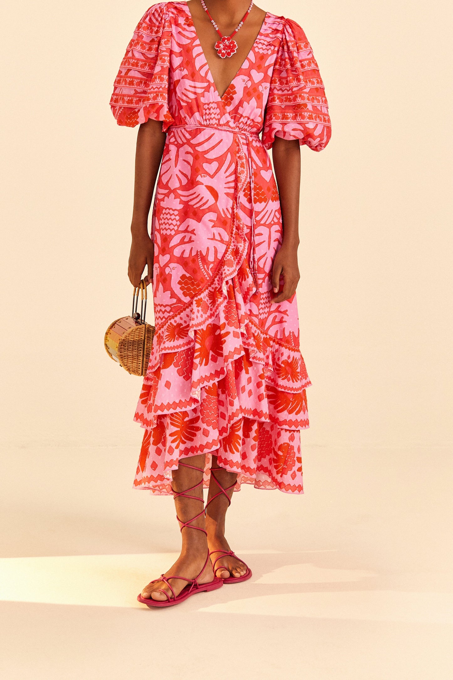 Red Jungle Scarf Wrap Midi Dress