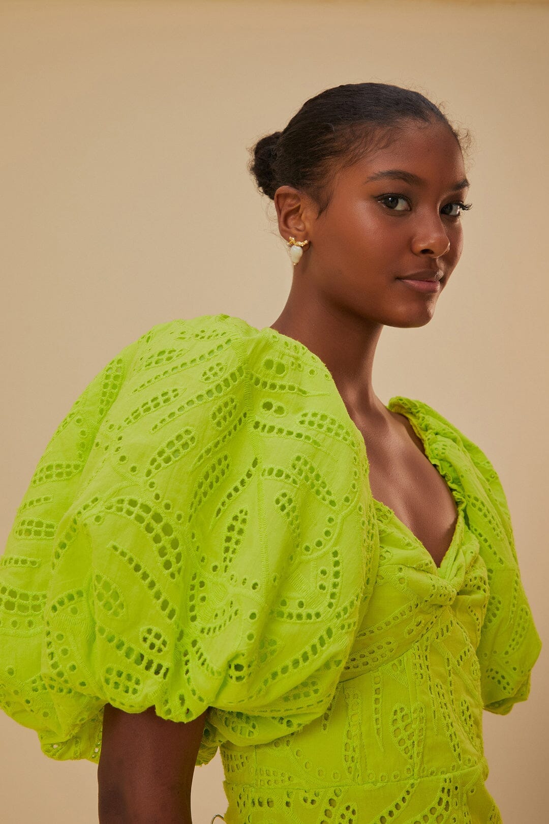 Green Monstera Eyelet Short Sleeve Mini Dress
