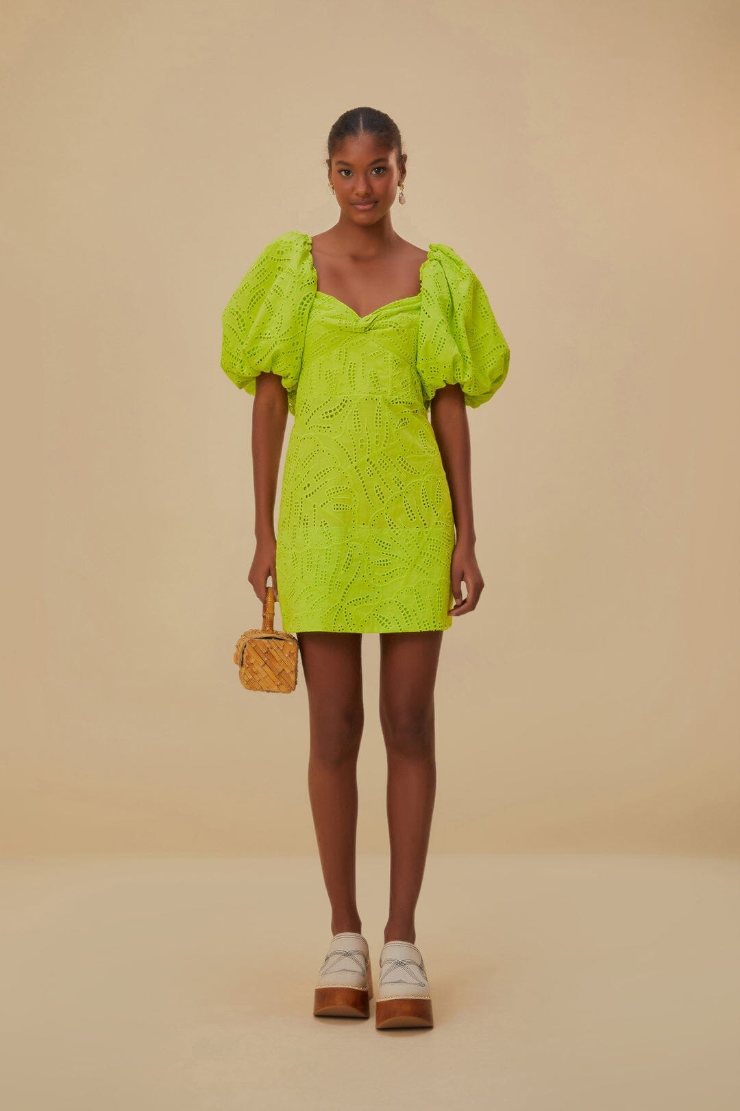 Green Monstera Eyelet Short Sleeve Mini Dress