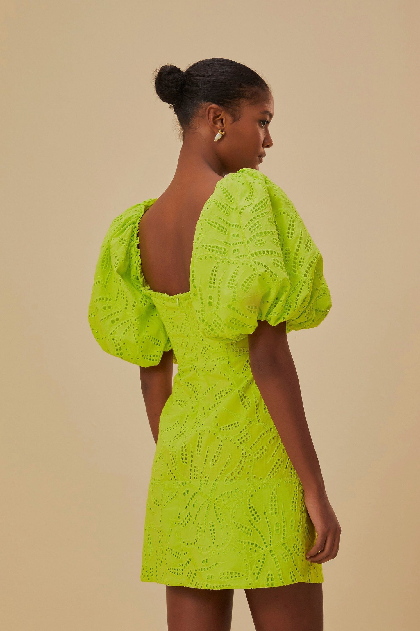 Green Monstera Eyelet Short Sleeve Mini Dress