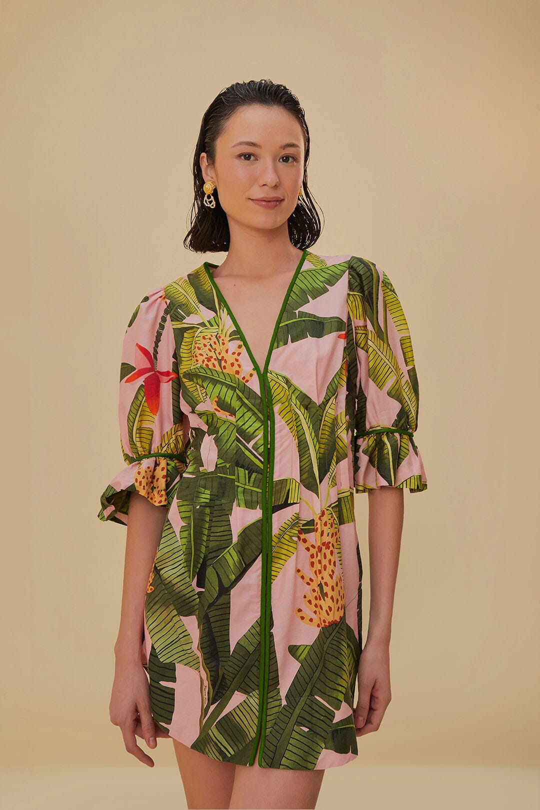 Banana Leaves V Neck Mini Dress