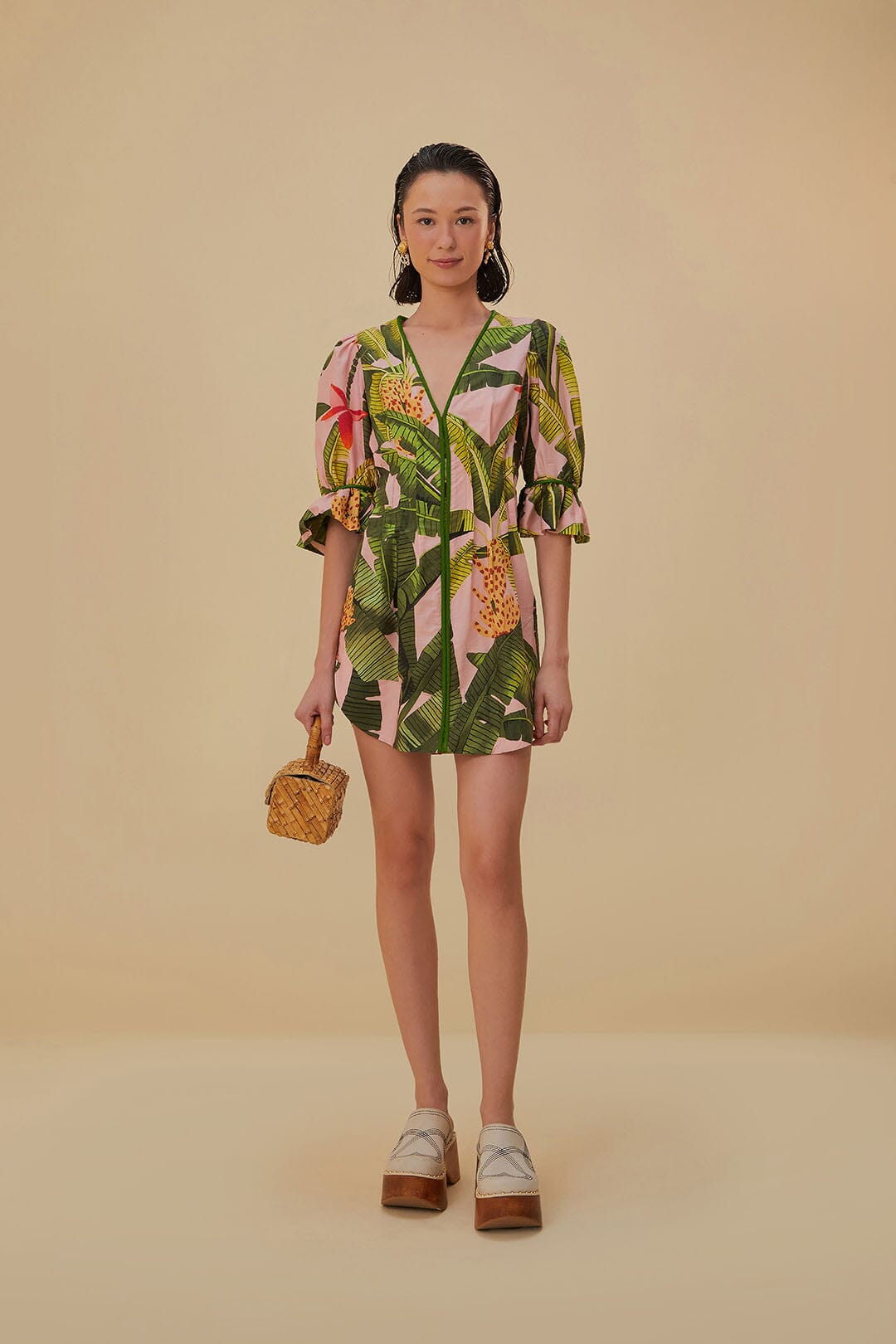 Pink Banana Leaves V Neck Mini Dress