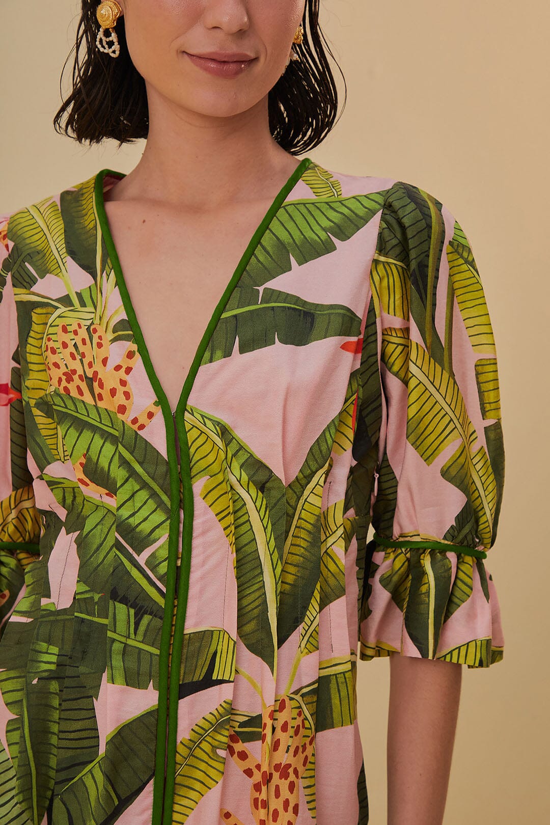Pink Banana Leaves V Neck Mini Dress