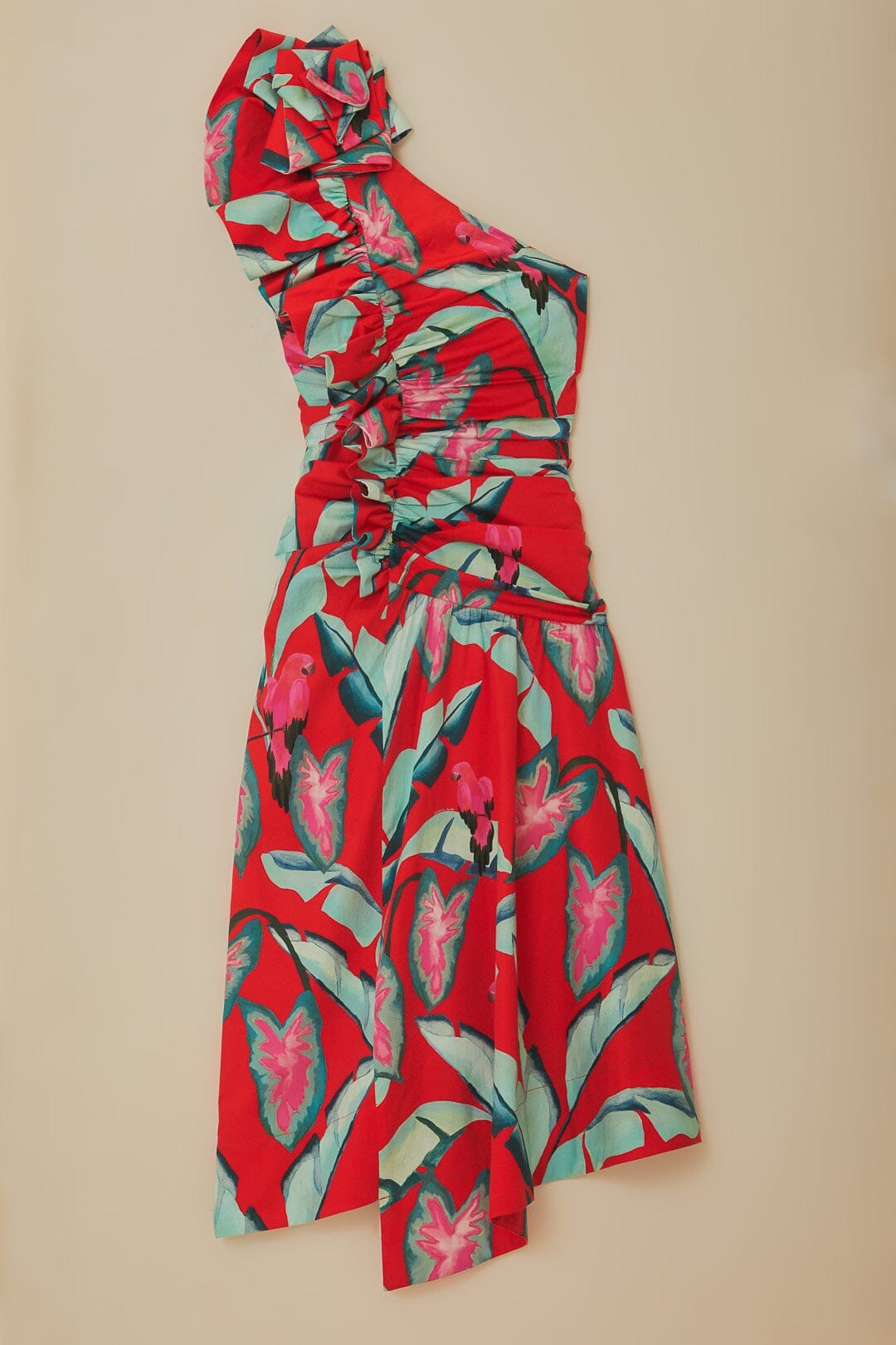 Red Summer Foliage One Shoulder Maxi Dress
