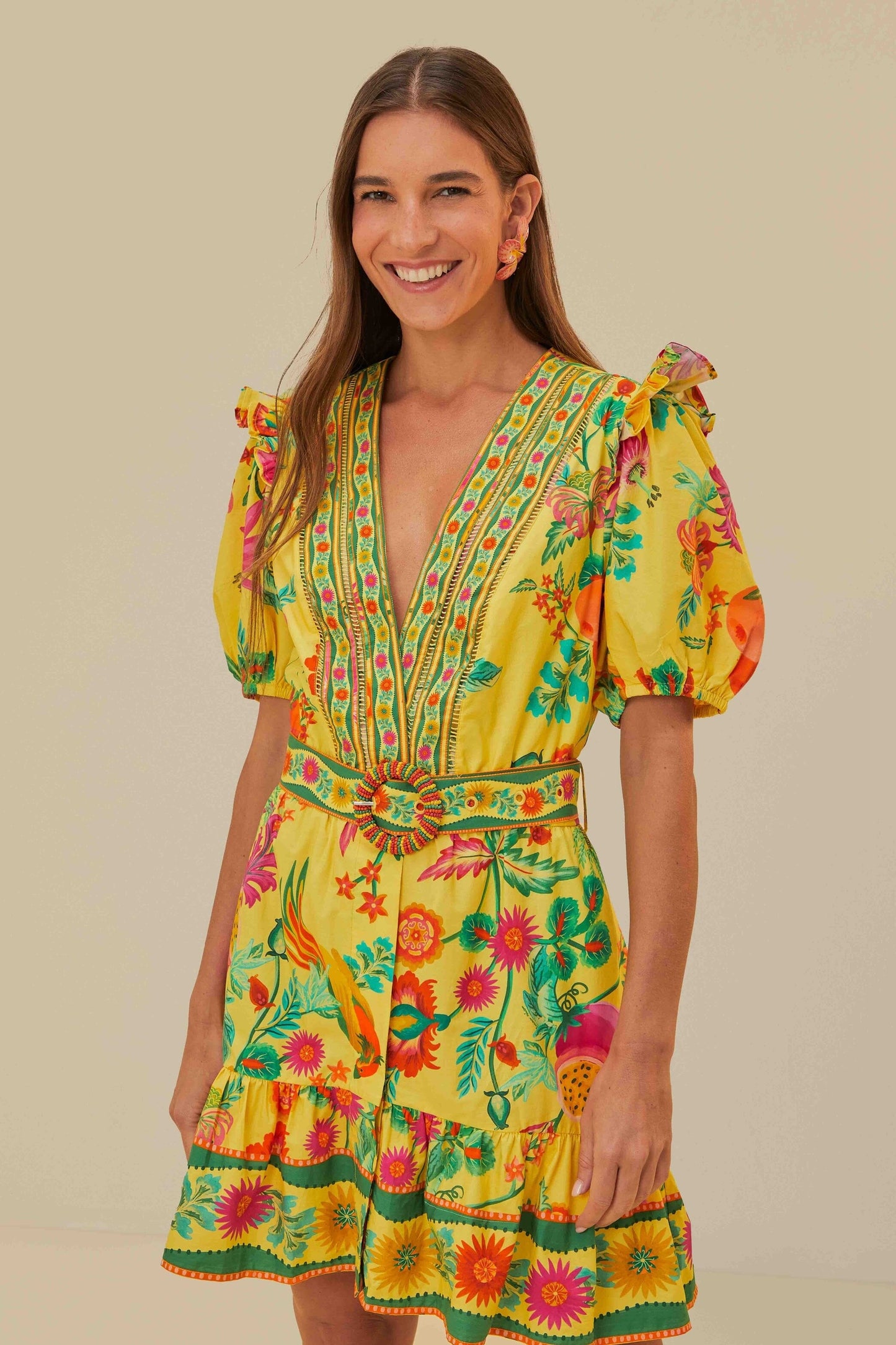 Yellow Delicate Fruit Garden Organic Cotton Mini Dress