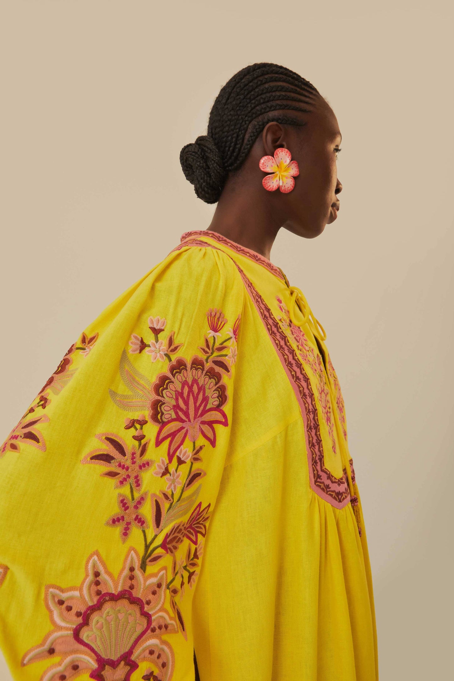 Yellow Embroidered Garden Tapestry Midi Dress