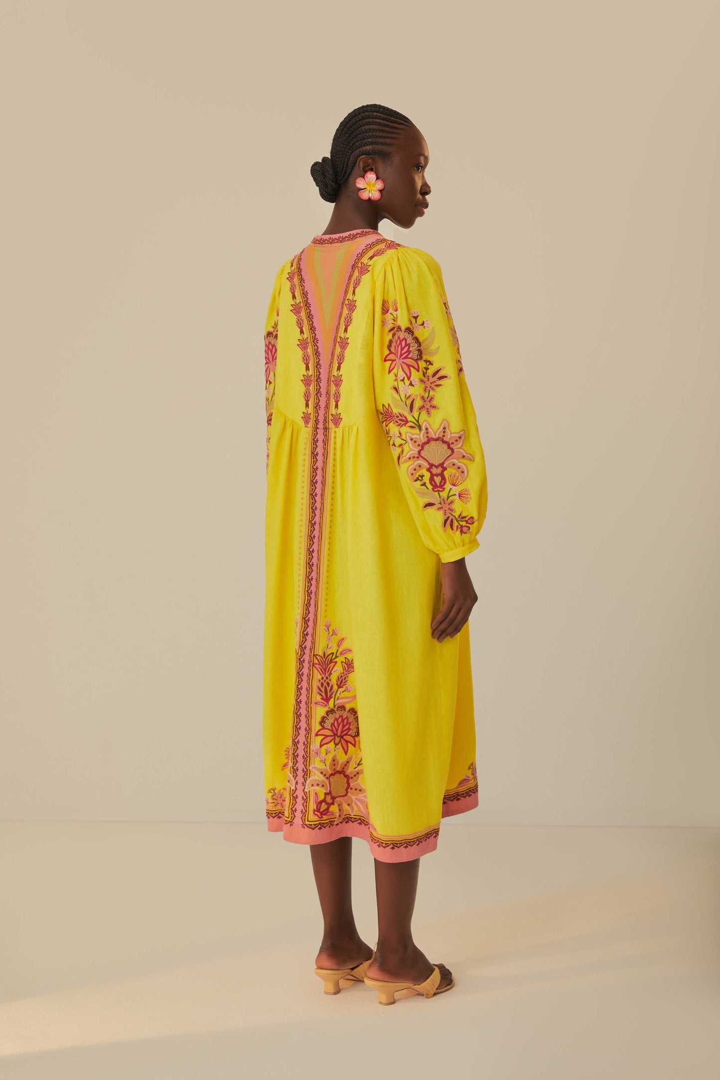Yellow Embroidered Garden Tapestry Midi Dress