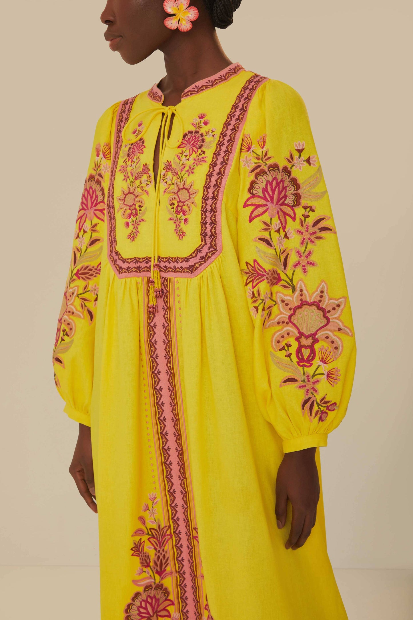 Yellow Embroidered Garden Tapestry Midi Dress
