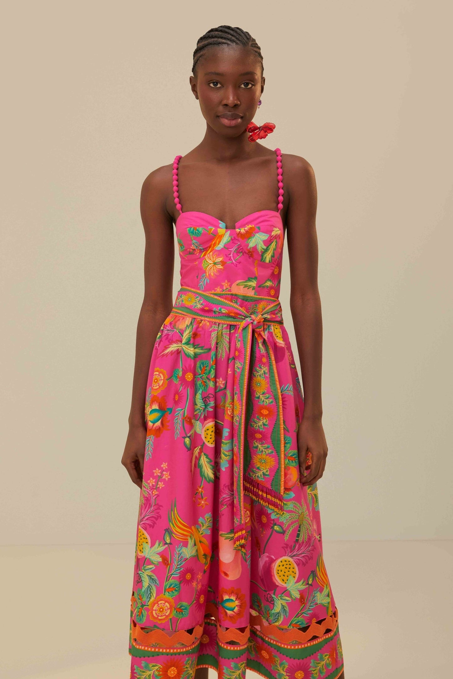 Pink Delicate Fruit Garden Organic Cotton Midi Dress