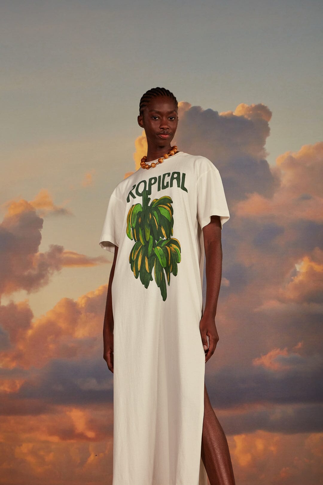 Off White Tropical Organic Cotton T Shirt Dress FARM Rio