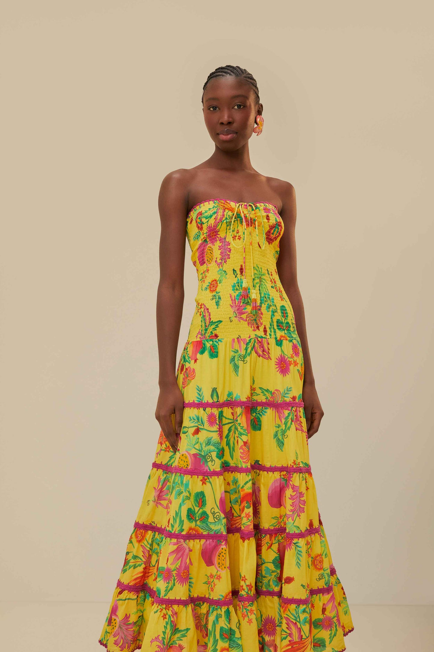 Yellow Delicate Fruit Garden Smocked Maxi Dress