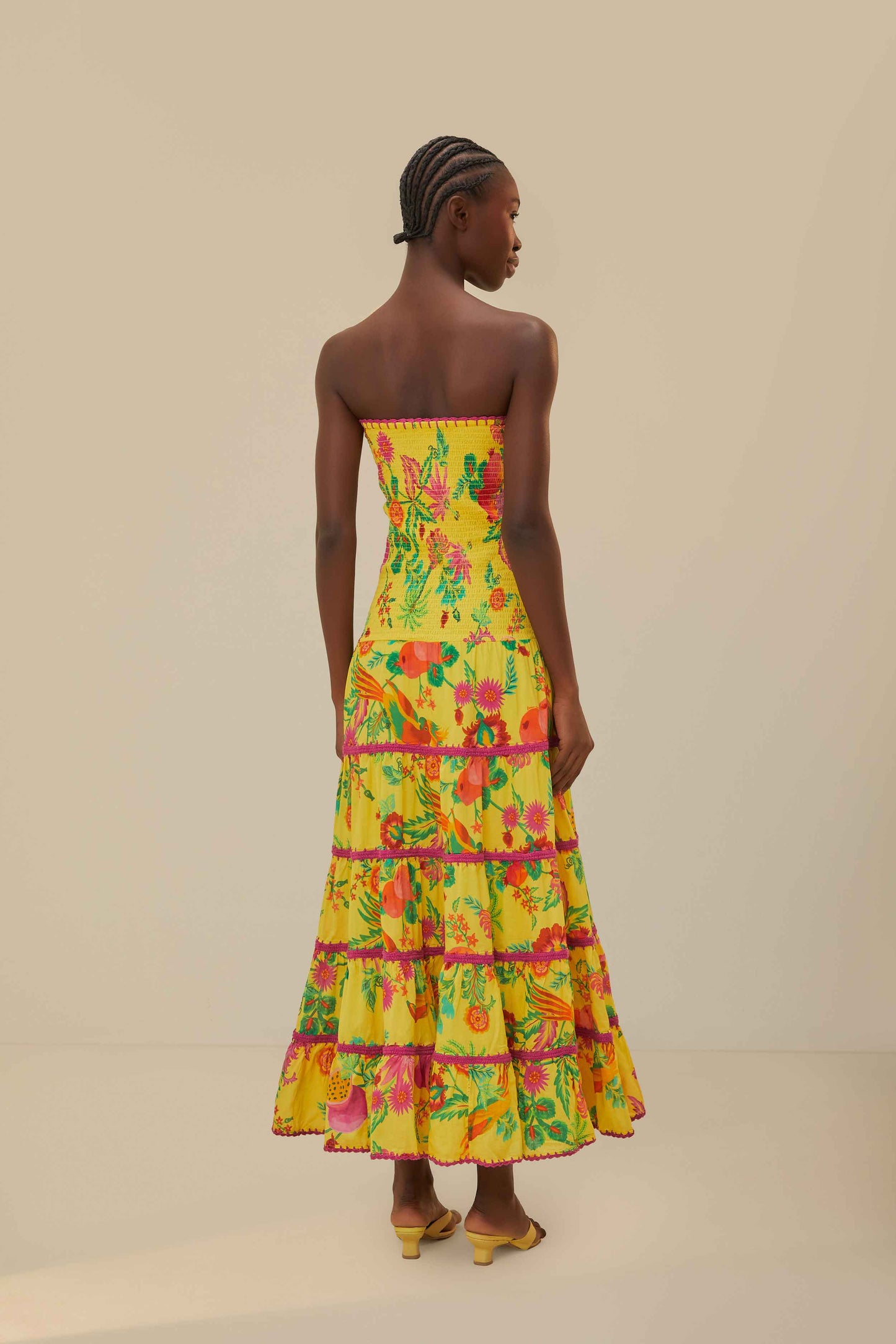 Yellow Delicate Fruit Garden Smocked Maxi Dress