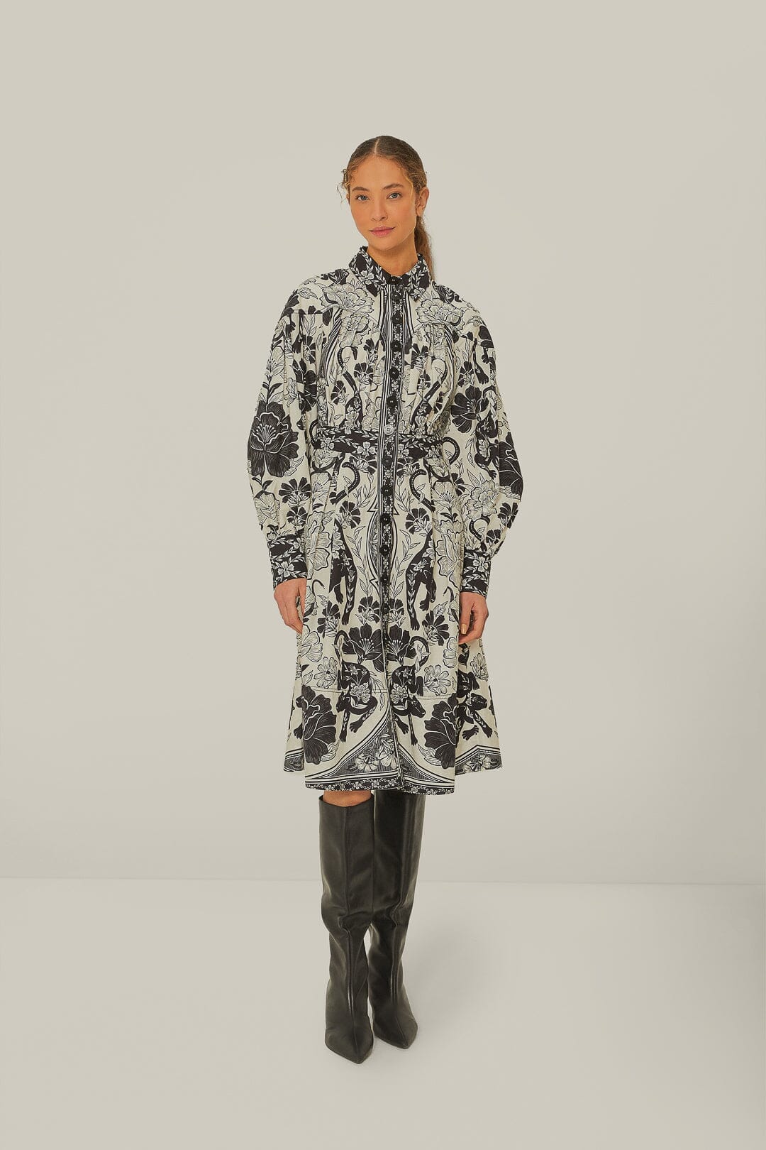 Flower Leopards Collared Midi Dress