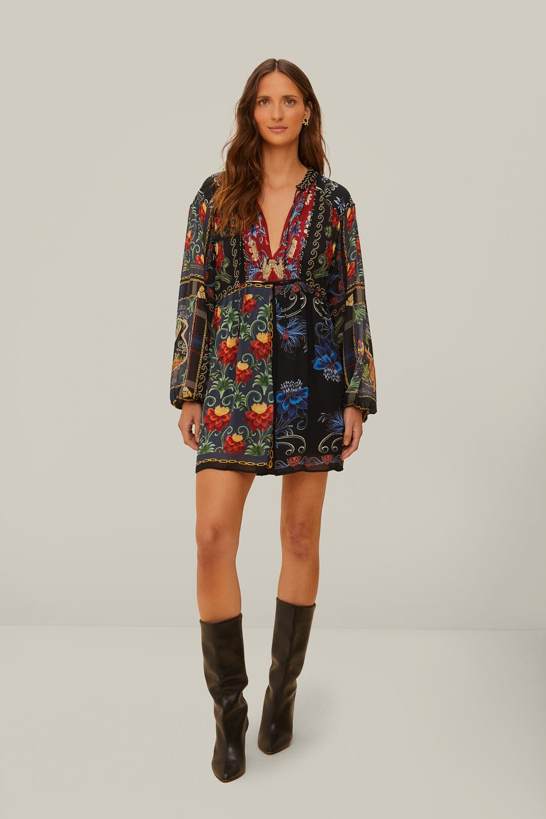 Black Mixed Arabesque Scarves Long Sleeve Mini Dress FARM Rio Black Mixed Arabesque Scarves Long Sleeve Mini Dress FARM Rio