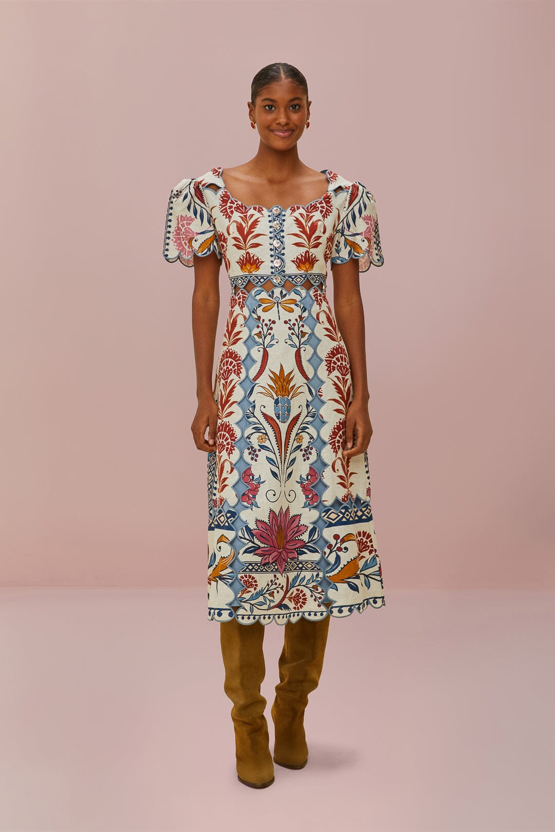 Cream Romantic Lightness Short Sleeve Midi Dress FARM Rio Cream Romantic Lightness Short Sleeve Midi Dress FARM Rio