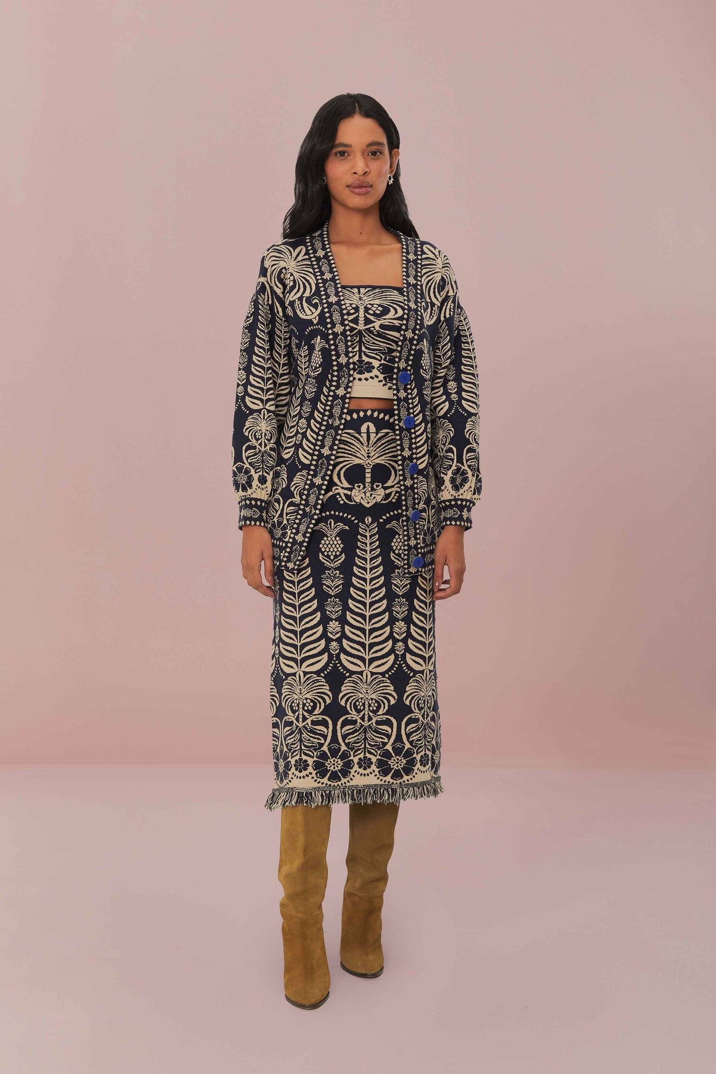 Navy Blue Ainika Tropical Splendor Knit Midi Skirt