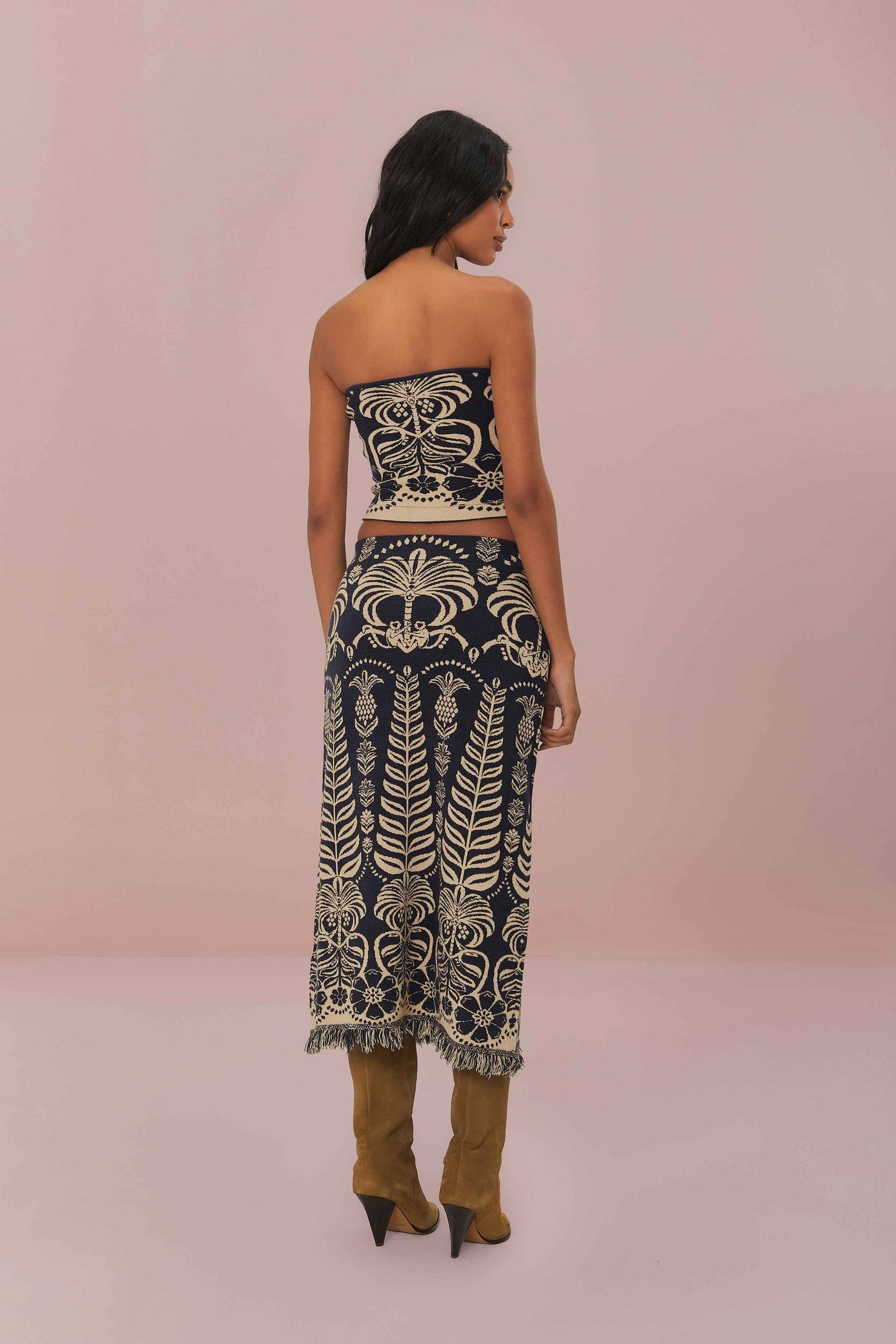 Navy Blue Ainika Tropical Splendor Knit Midi Skirt