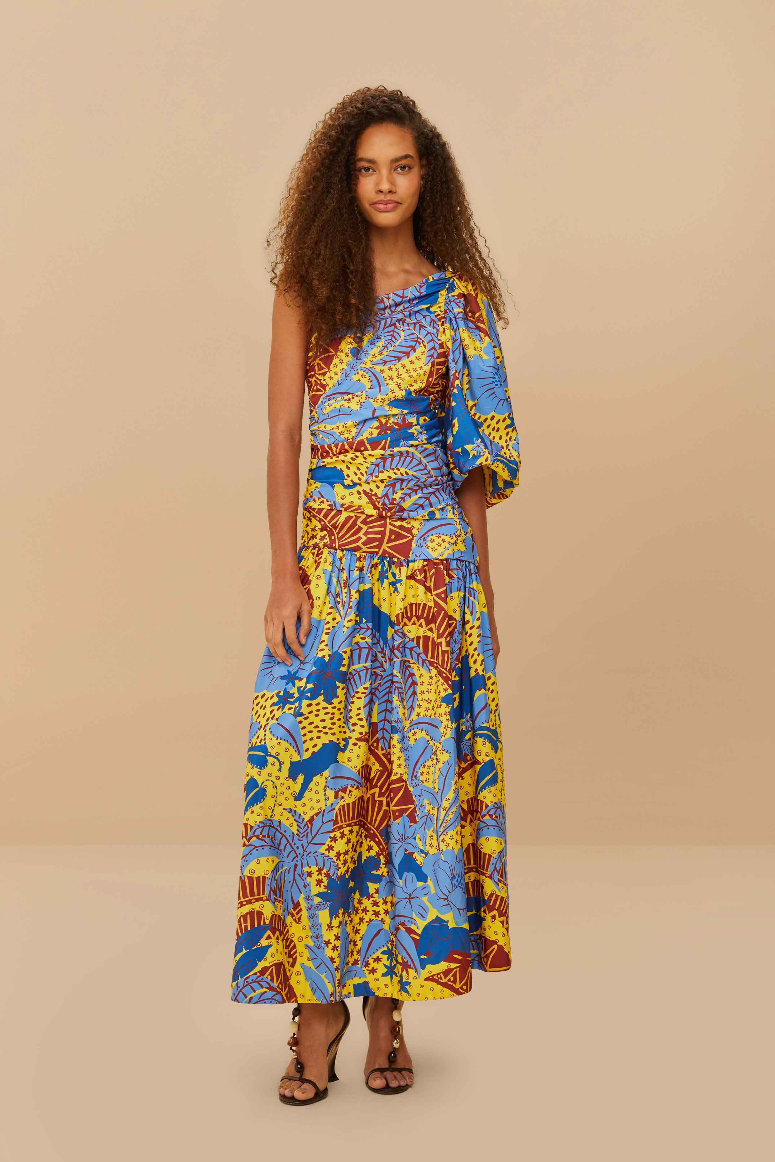 Yellow Jungle Panther One-Shoulder Midi Dress FARM Rio Yellow Jungle Panther One-Shoulder Midi Dress FARM Rio