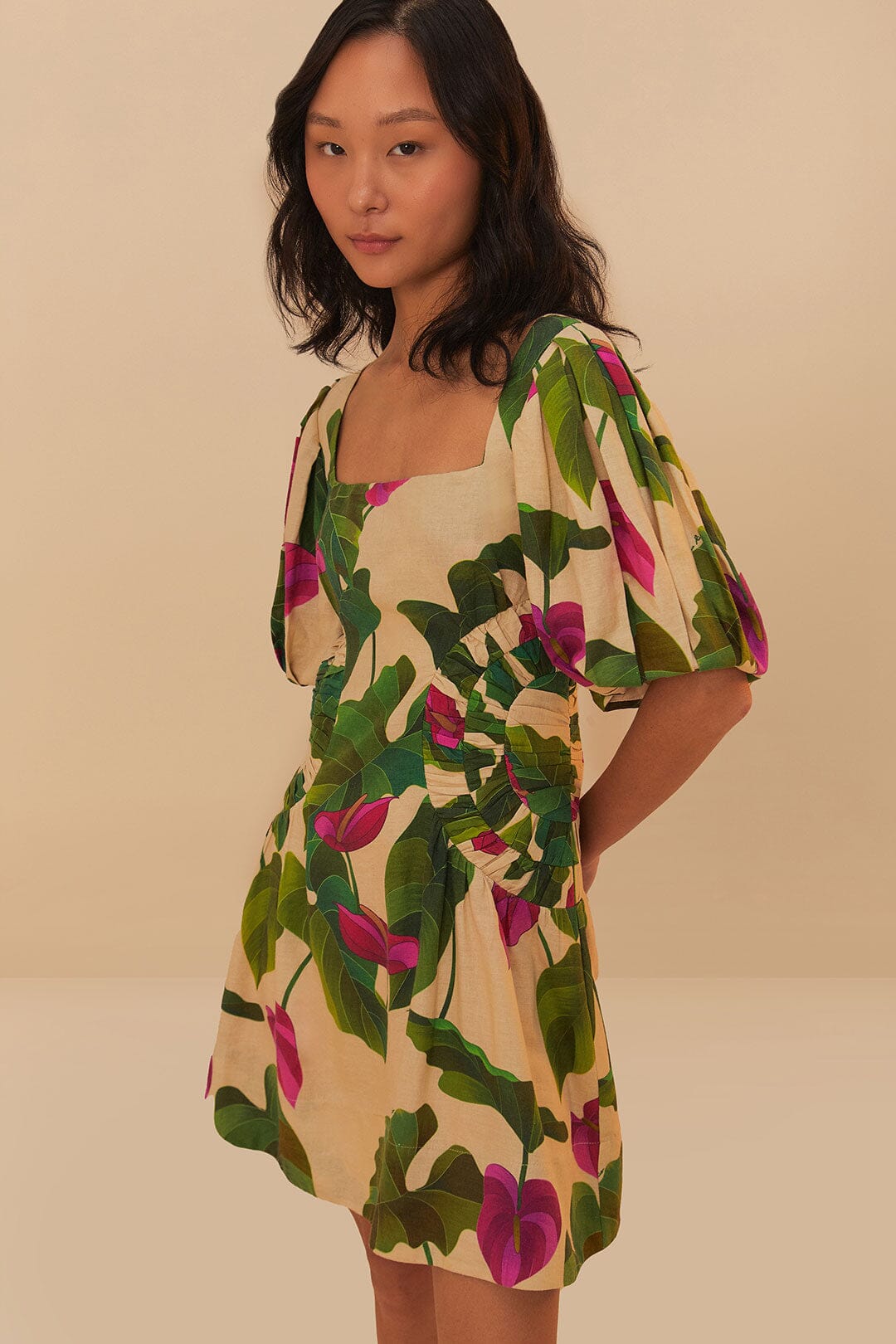 Anthurium Leaves Sand Short Sleeve Square Neckline Mini Dress