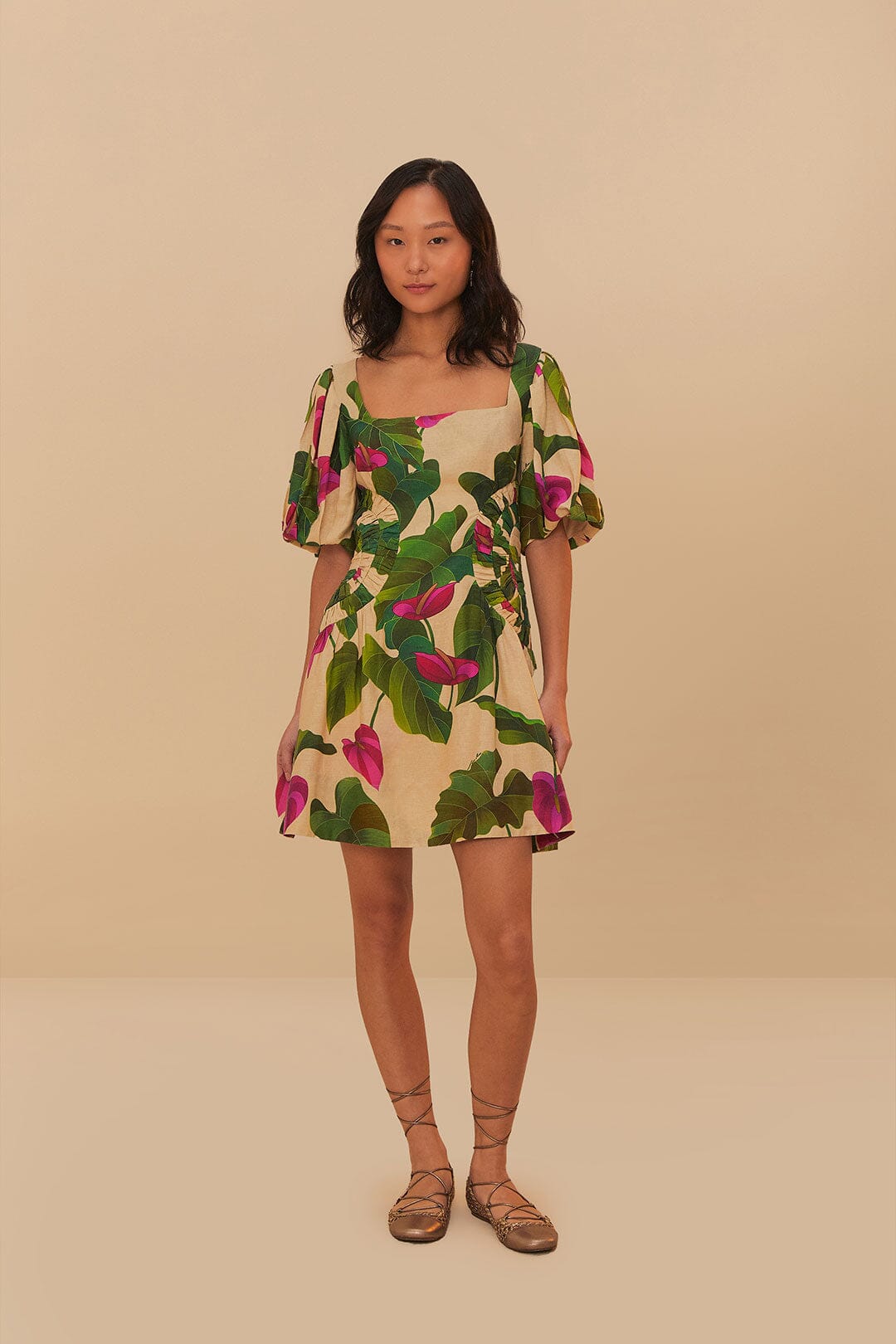 Anthurium Leaves Sand Short Sleeve Square Neckline Mini Dress