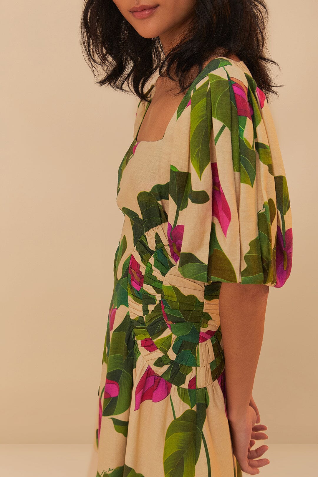 Anthurium Leaves Sand Short Sleeve Square Neckline Mini Dress