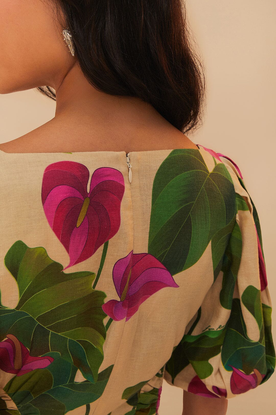 Anthurium Leaves Sand Short Sleeve Square Neckline Mini Dress