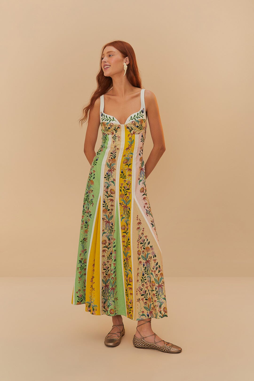 Multicolor Delicate Floral Stripes Lenzing™ Ecovero™ Euroflax™ Maxi Dress