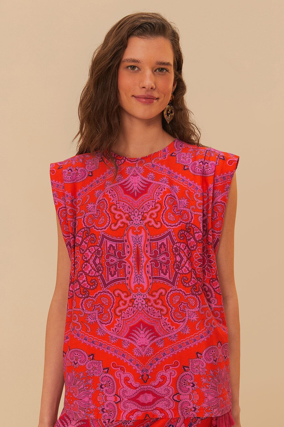 Red Paisley Scarf Shoulder Pad Blouse
