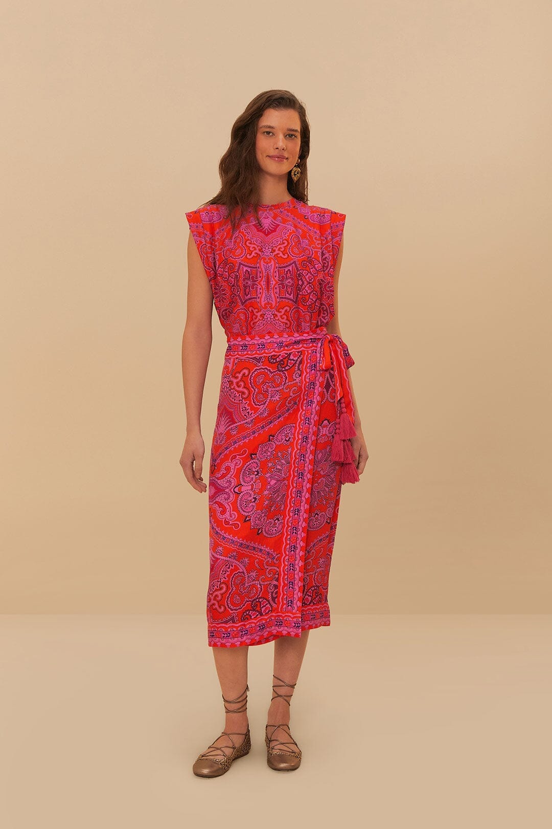 Red Paisley Scarf Shoulder Pad Blouse
