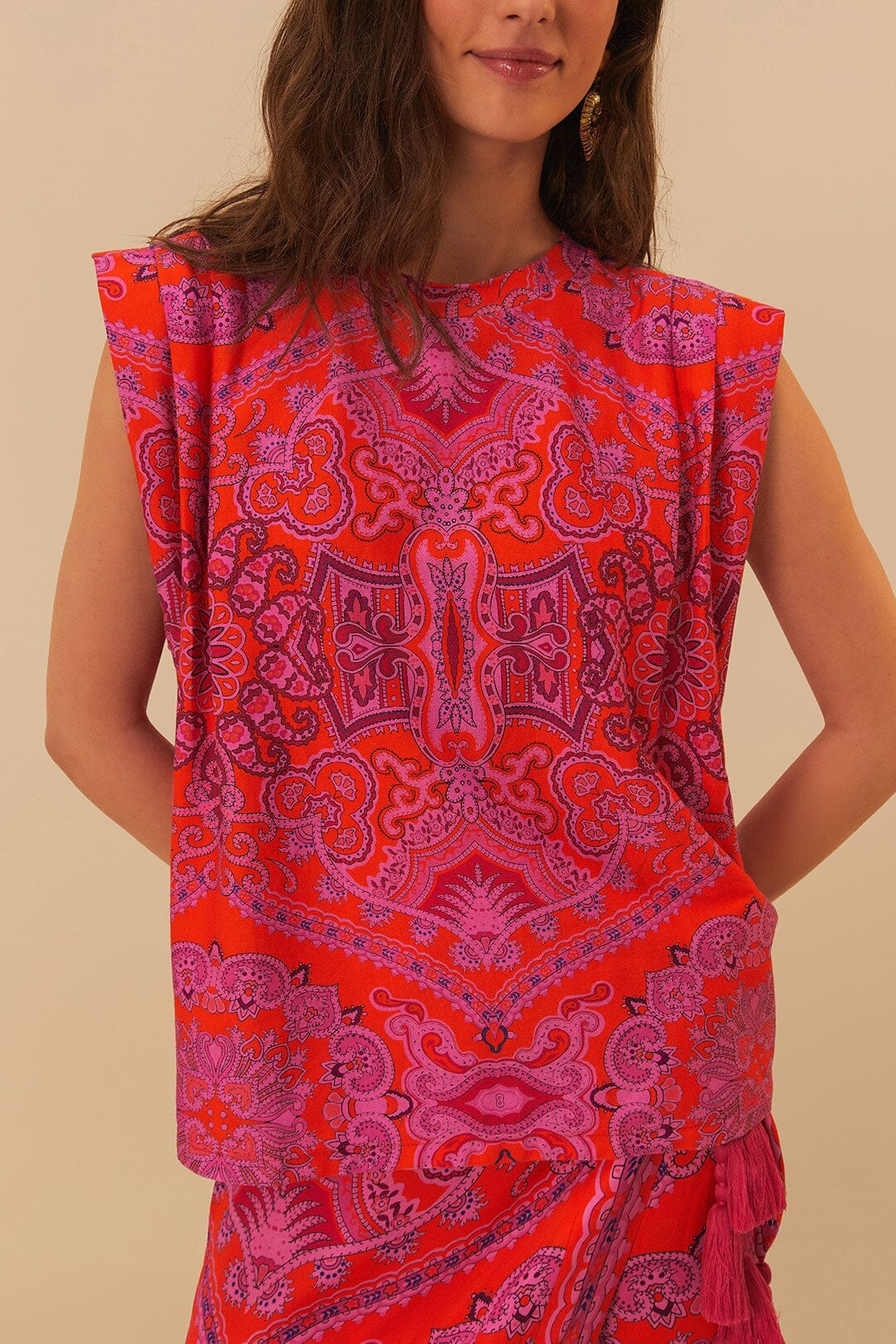Red Paisley Scarf Shoulder Pad Blouse