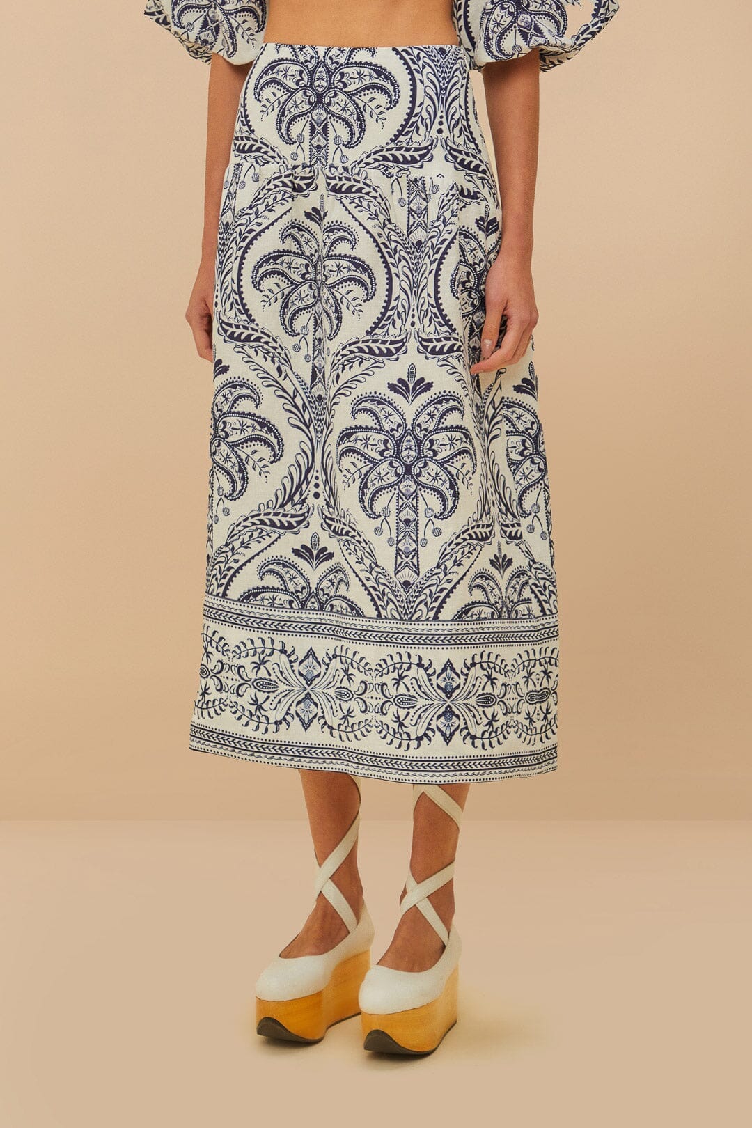 Off-White Tropical Cameo Euroflax™ Premium Linen Midi Skirt