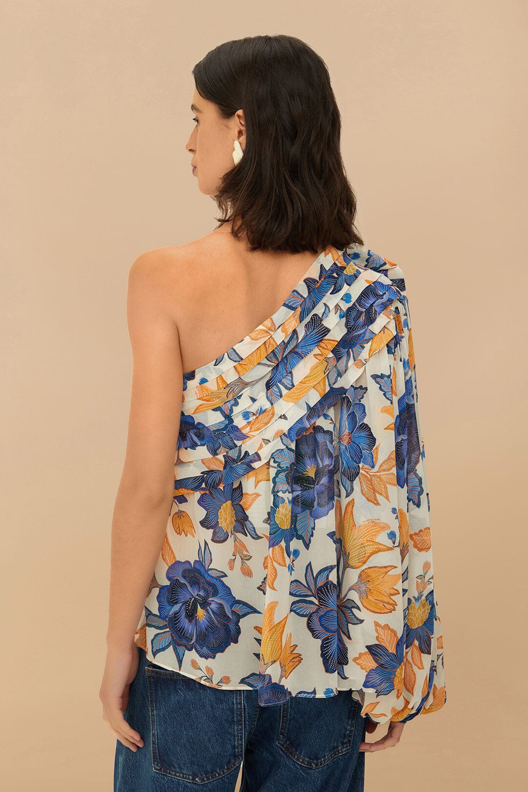 Off-White Summer Flowers 3D Rose One-Shoulder Blouse