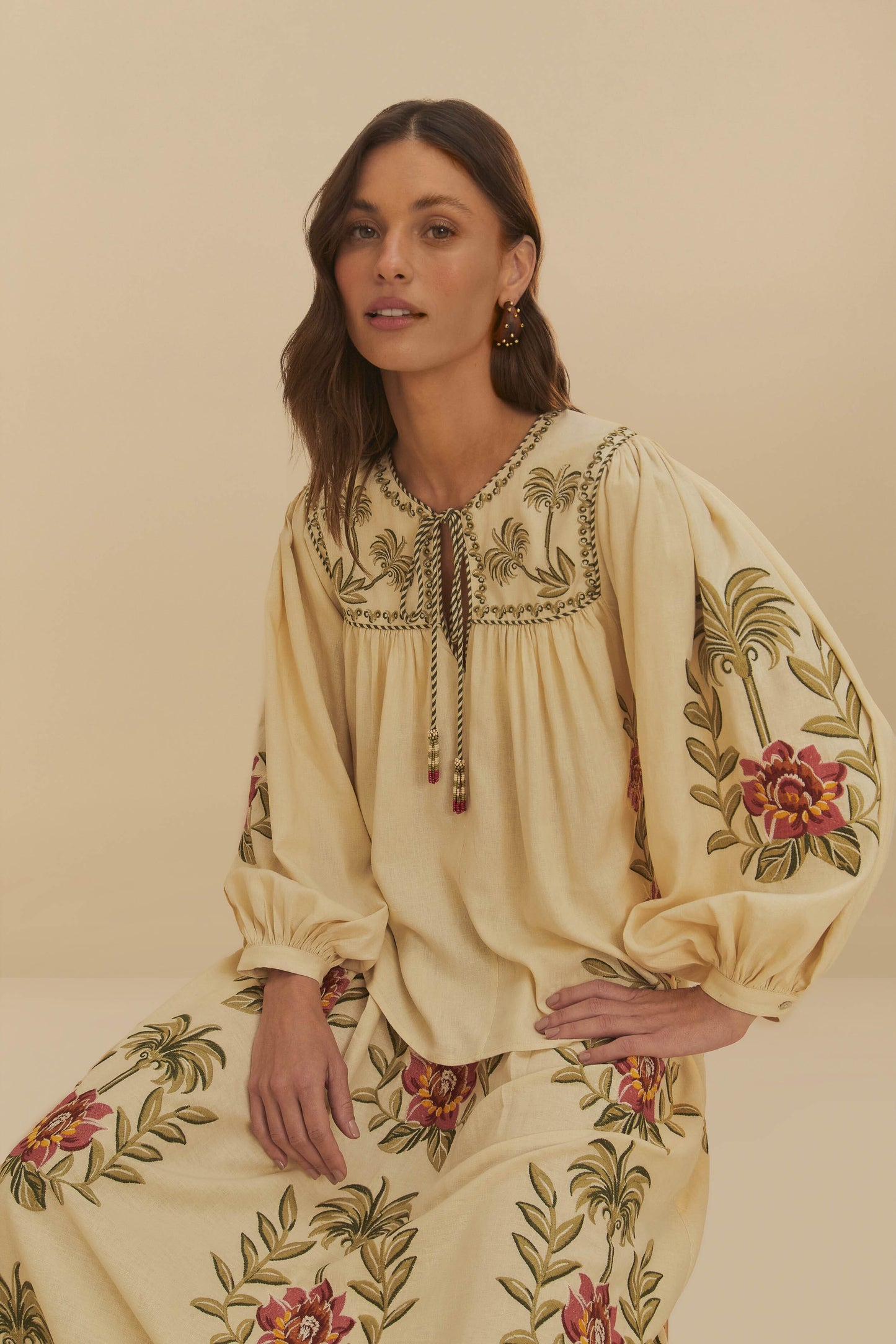 Tropical Flower Embroidered Sand Long Sleeve Blouse