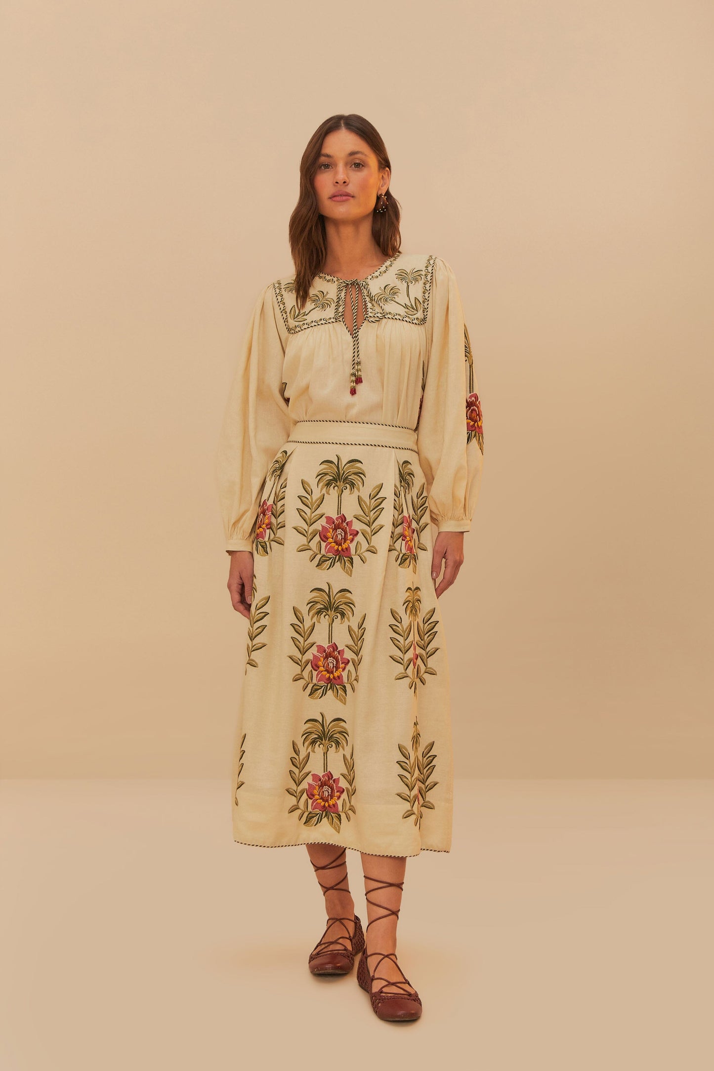 Tropical Flower Embroidered Sand Maxi Skirt