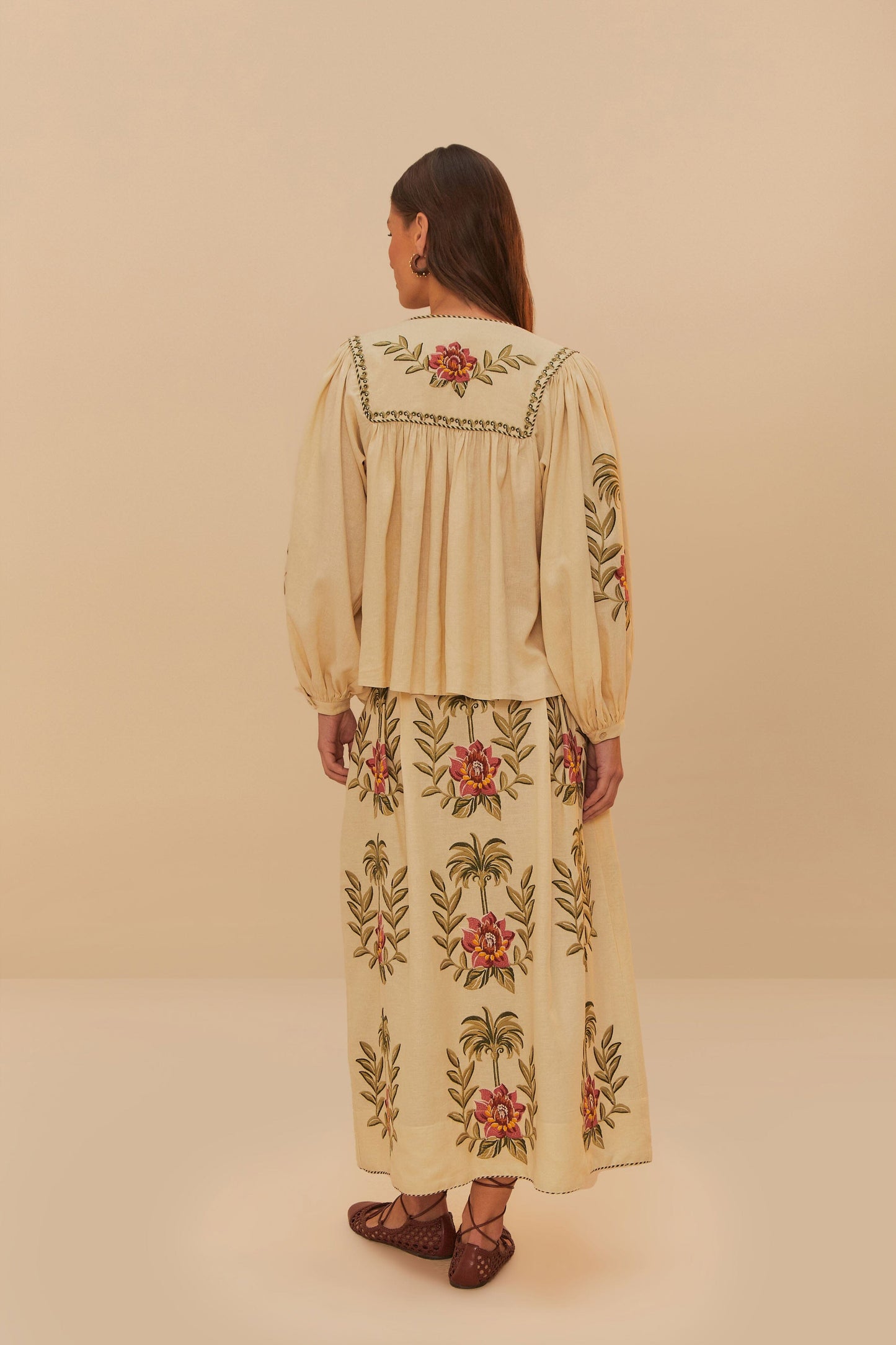 Tropical Flower Embroidered Sand Maxi Skirt