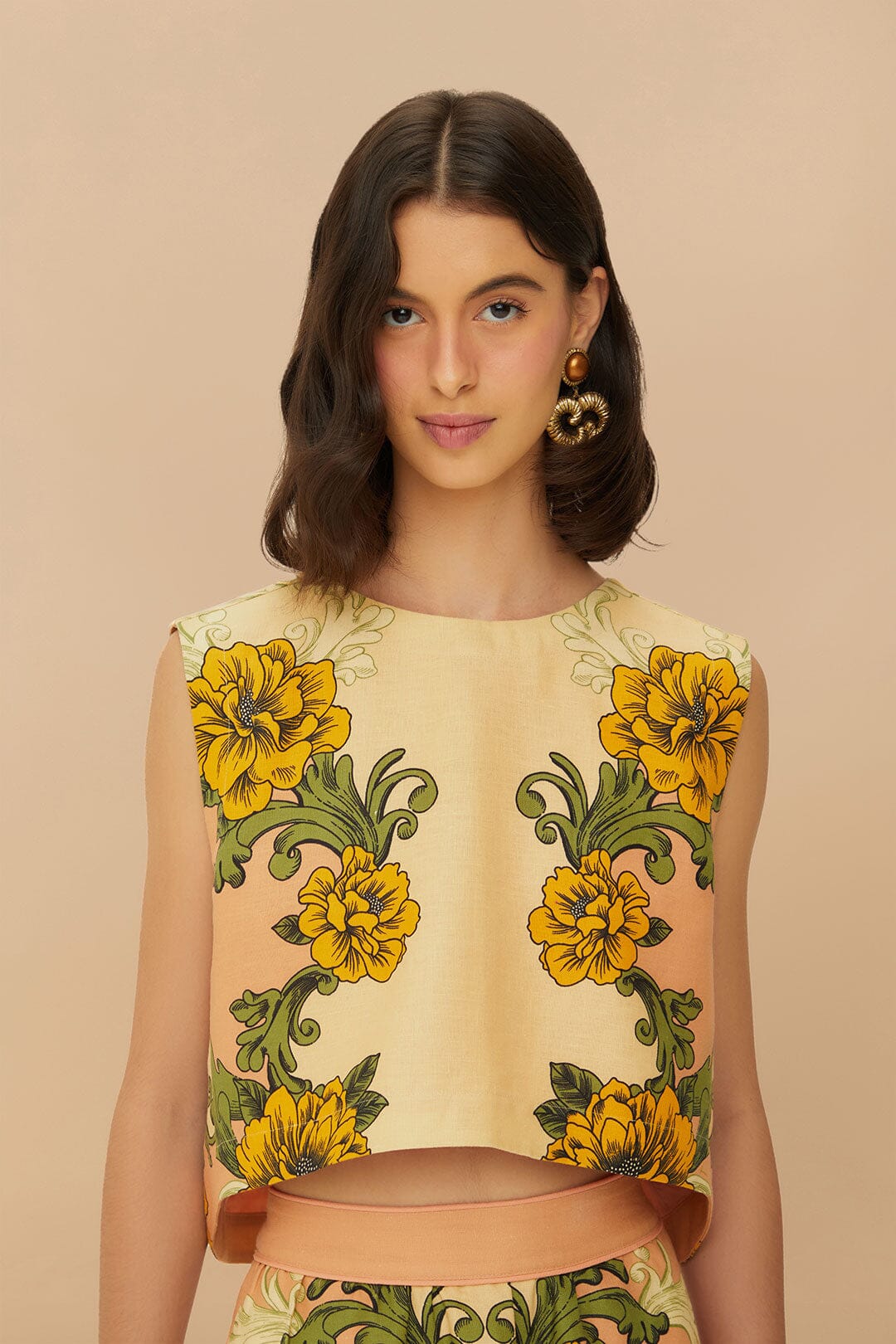 Pink Delicate Flower Arabesques Euroflax™ Premium Linen Crop Top