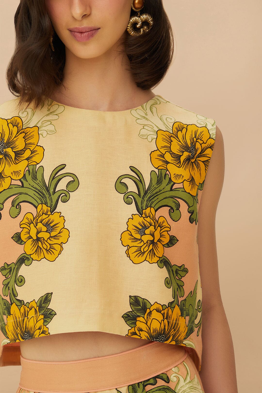 Pink Delicate Flower Arabesques Euroflax™ Premium Linen Crop Top
