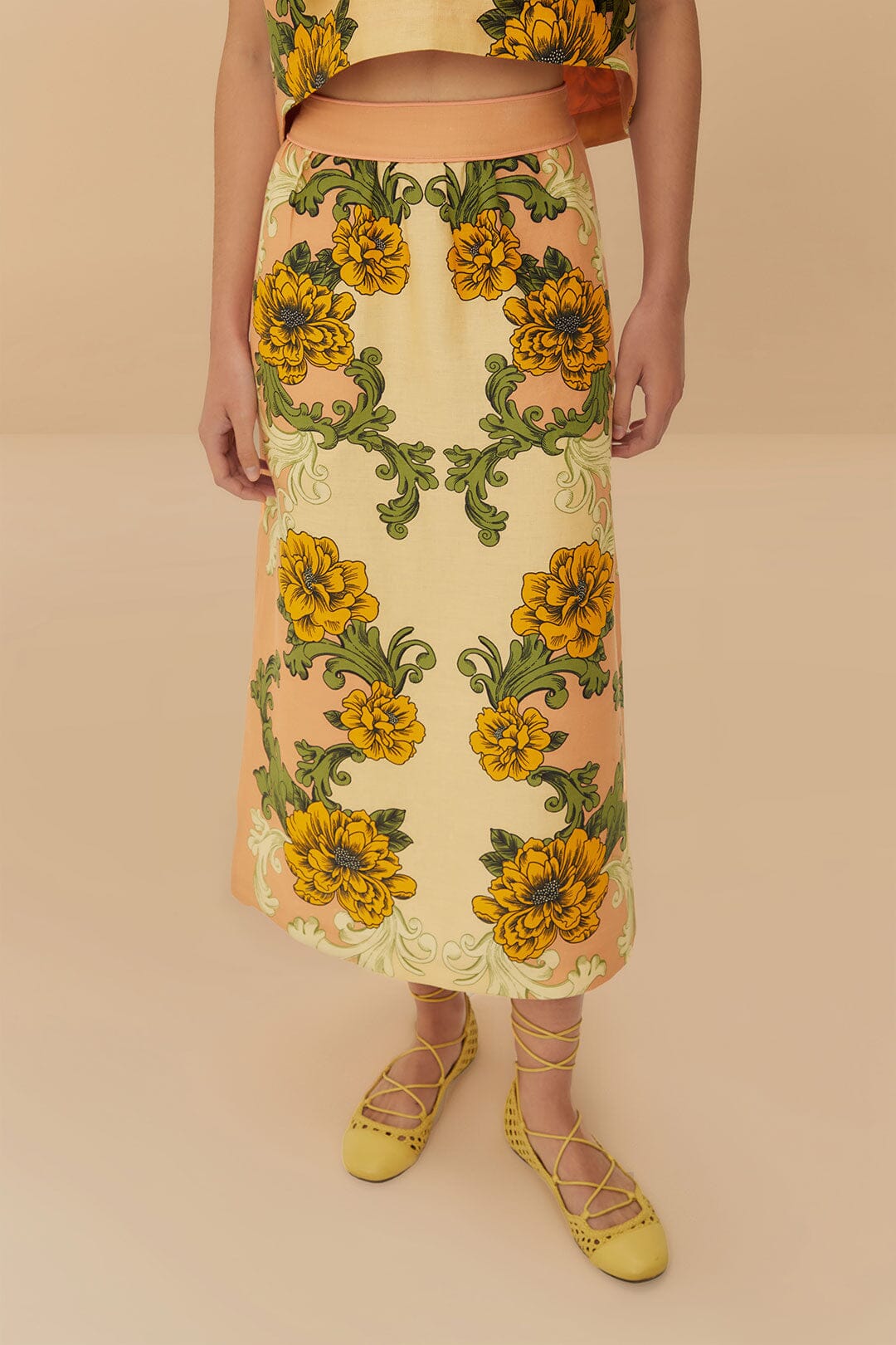 Pink Delicate Flower Arabesques Euroflax™ Premium Linen Midi Skirt