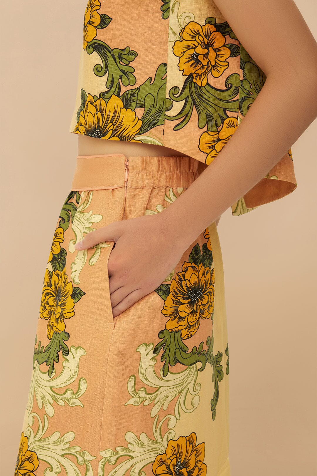 Pink Delicate Flower Arabesques Euroflax™ Premium Linen Midi Skirt