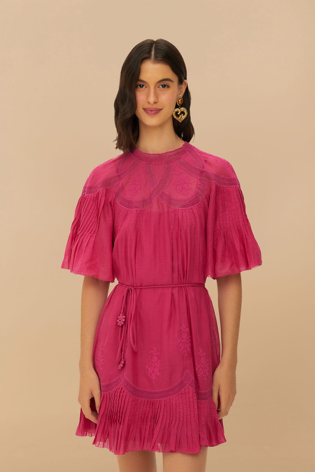 Pink Short Sleeve Ruched Mini Dress