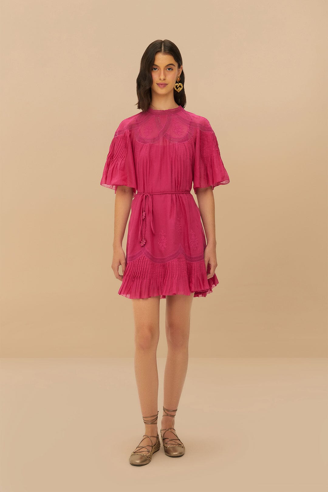 Pink Short Sleeve Ruched Mini Dress