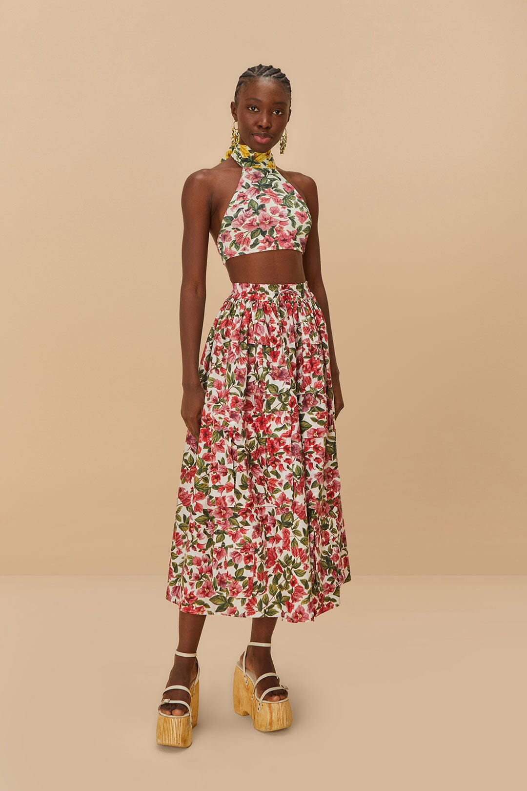 Pink Halftone Bougainvillea Organic Cotton Maxi Skirt