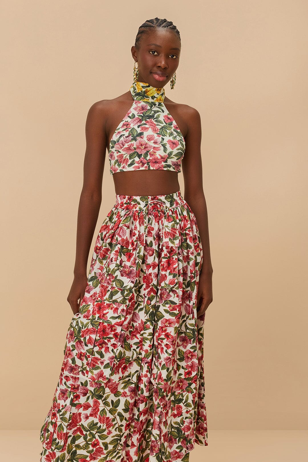 Pink Halftone Bougainvillea Organic Cotton Maxi Skirt