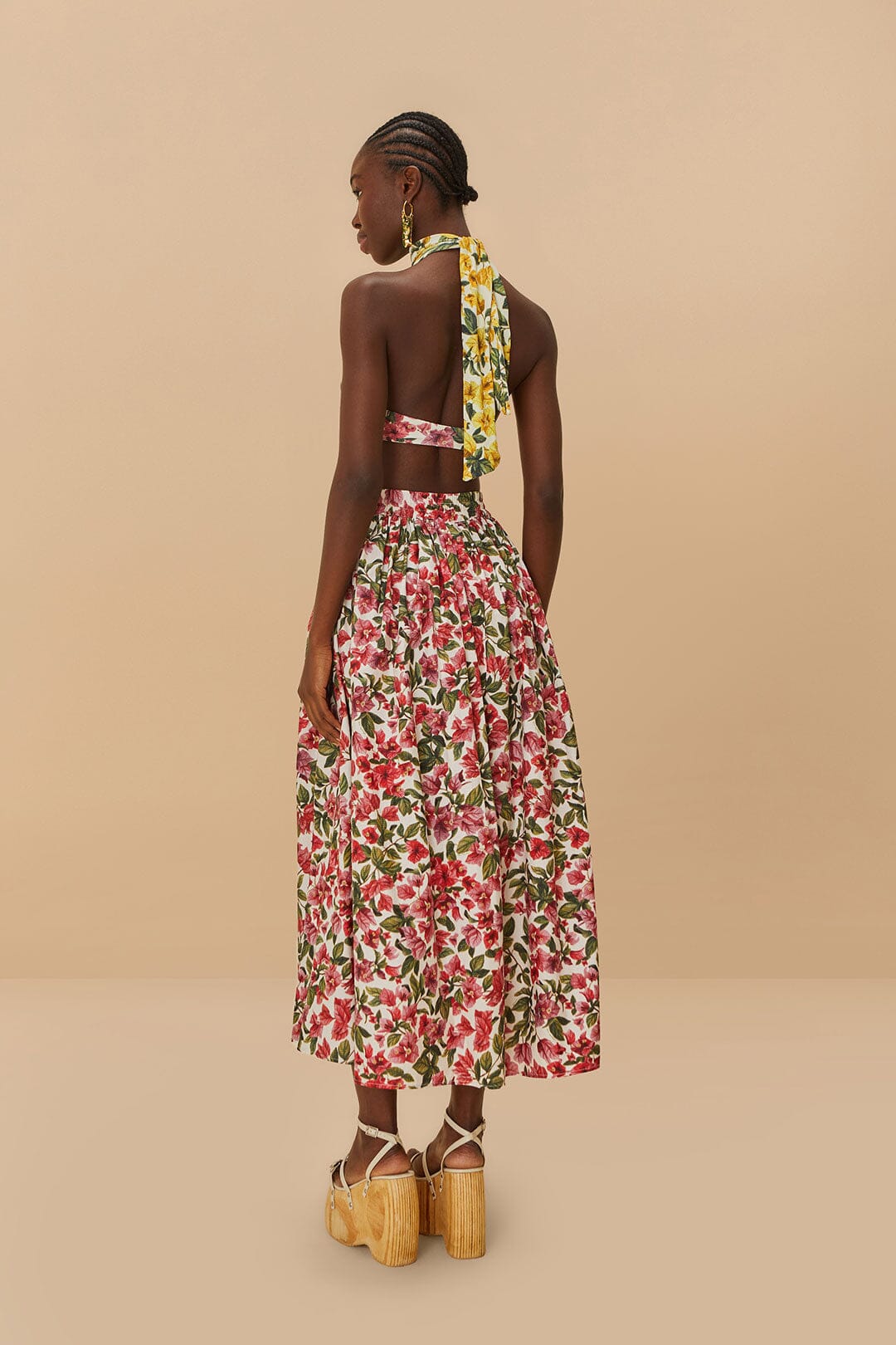 Pink Halftone Bougainvillea Organic Cotton Maxi Skirt