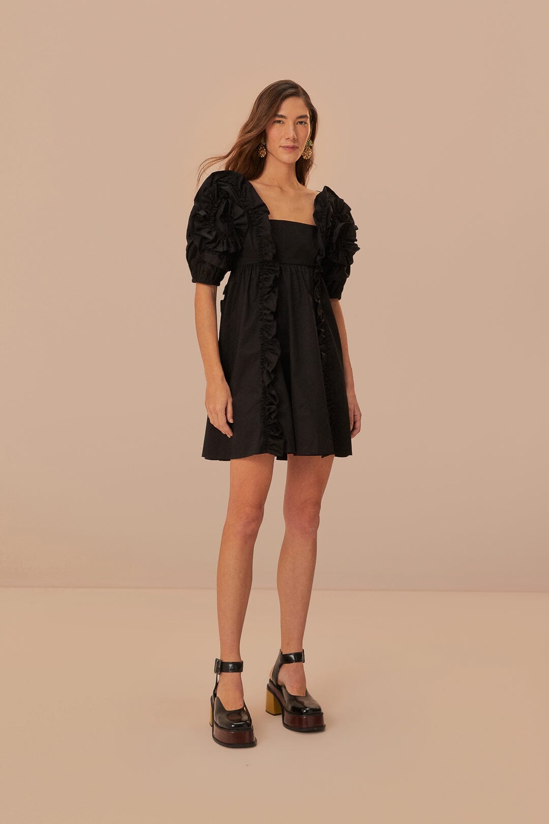 Frill sleeve black dress hotsell