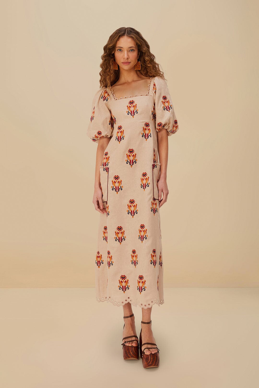Rose Embroidered Macaw Euroflax Premium Linen Maxi Dress