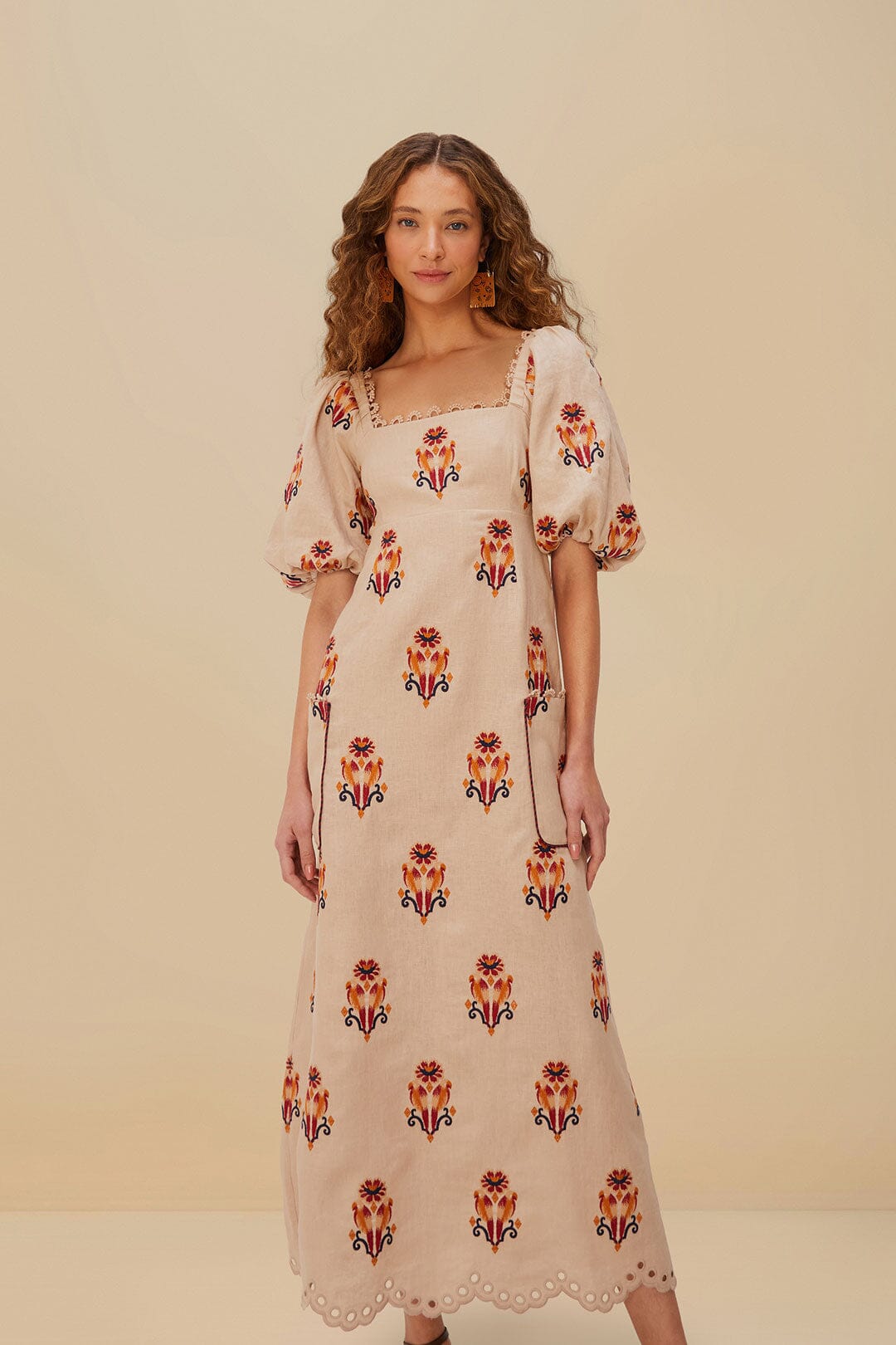 Rose Embroidered Macaw Euroflax Premium Linen Maxi Dress