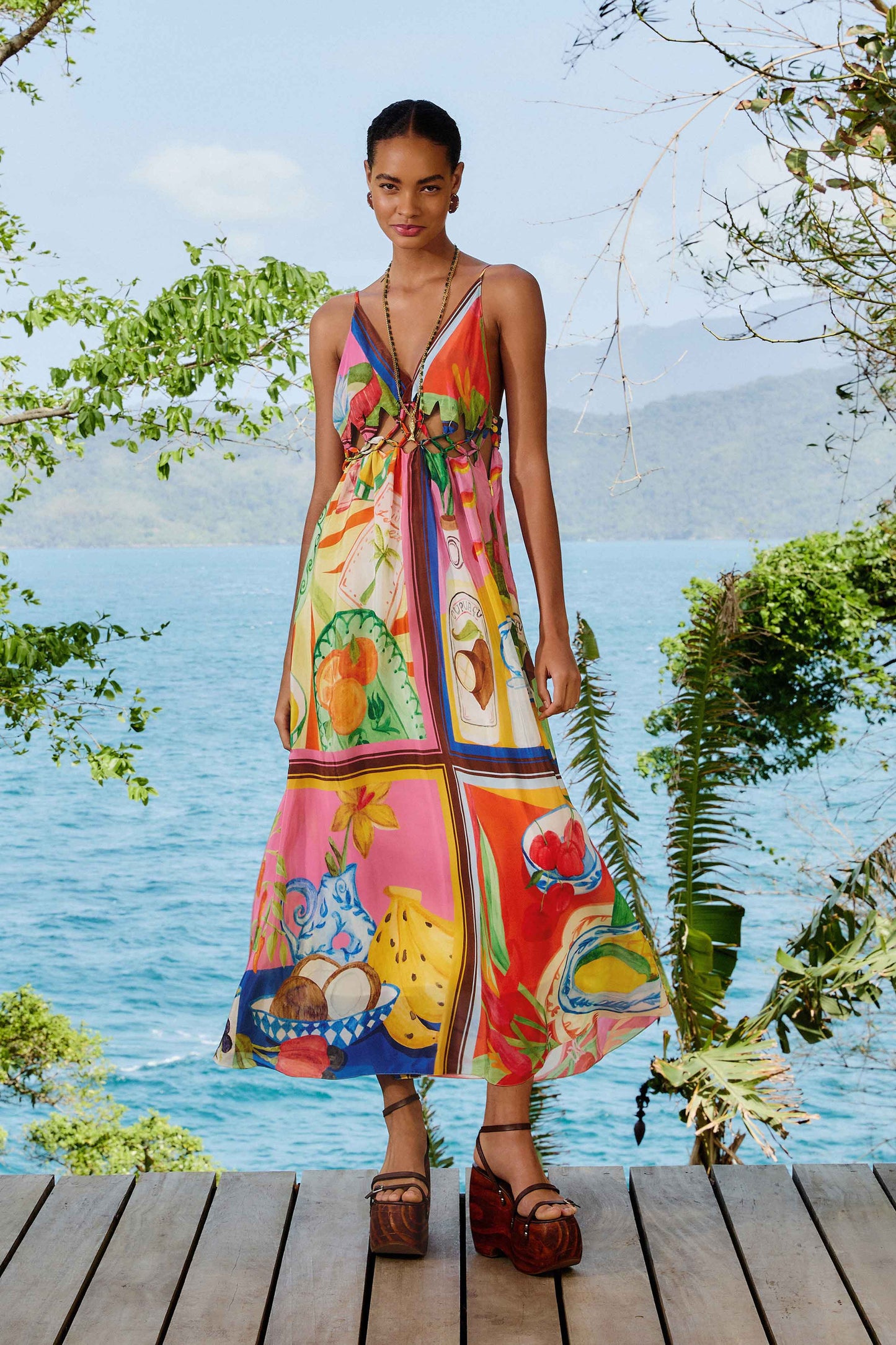 Multicolor Summer Picnic Macrame Yoke Maxi Dress