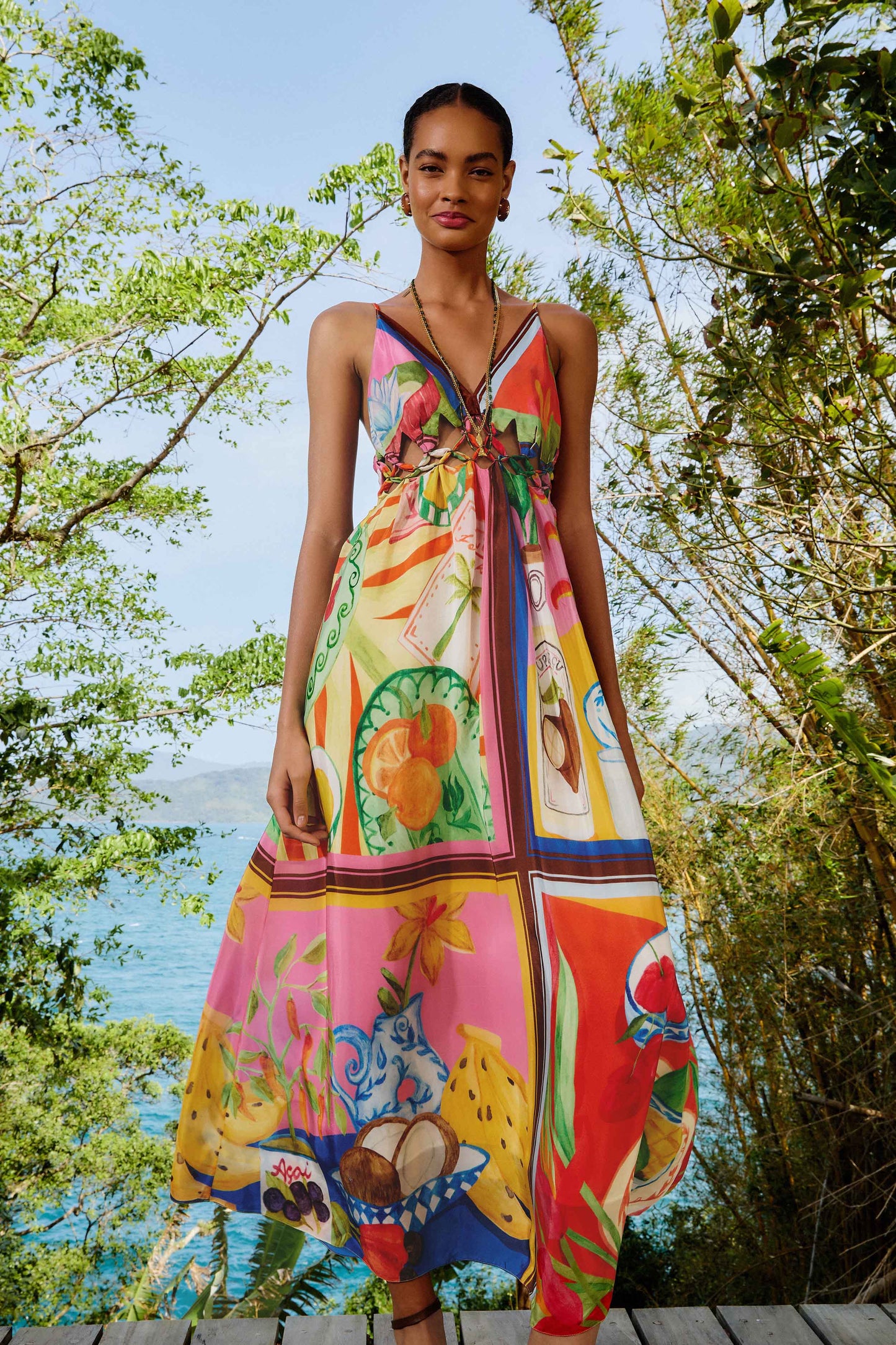 Multicolor Summer Picnic Macrame Yoke Maxi Dress