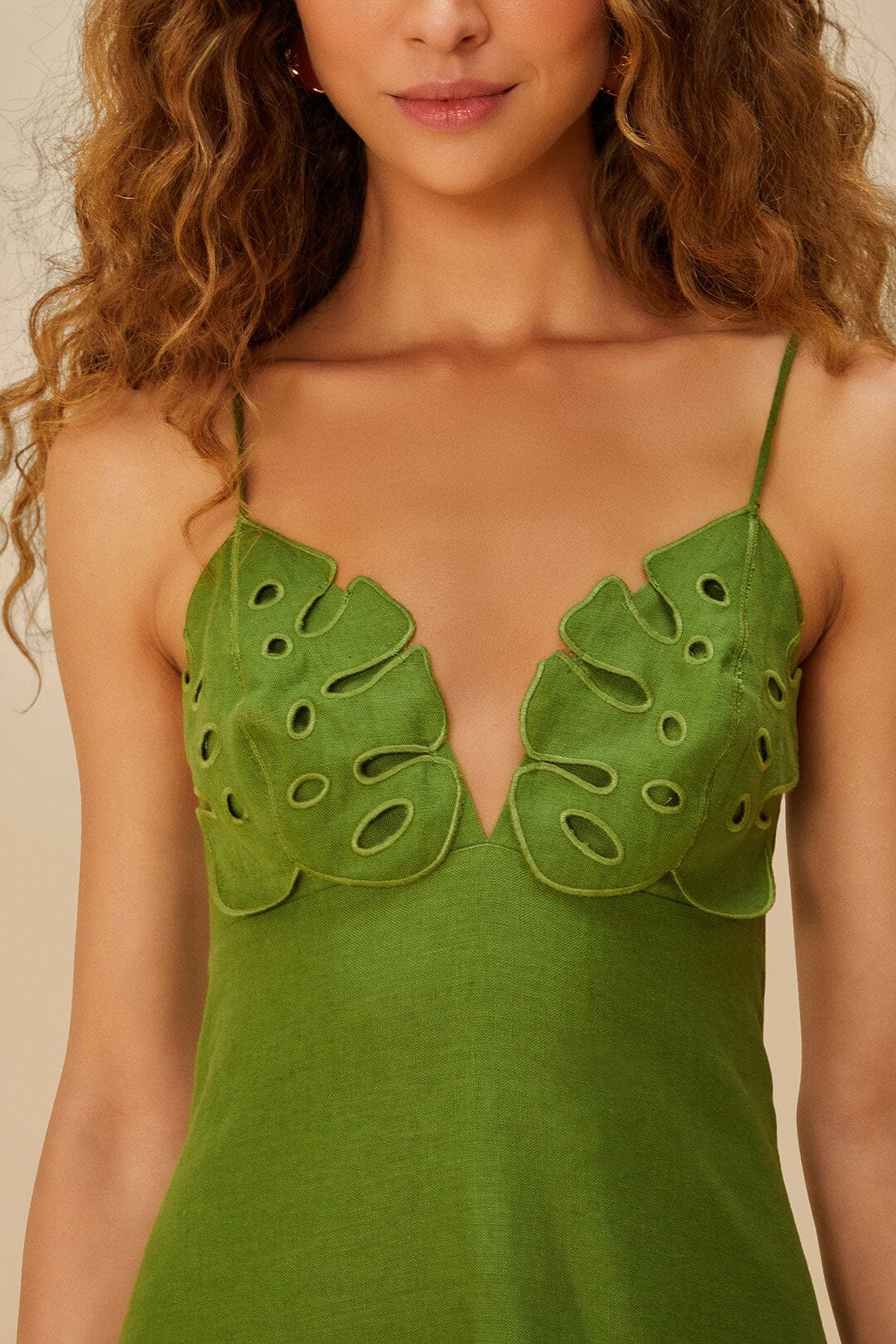 Green Monstera Embroidered Euroflax™ Premium Linen Midi Dress